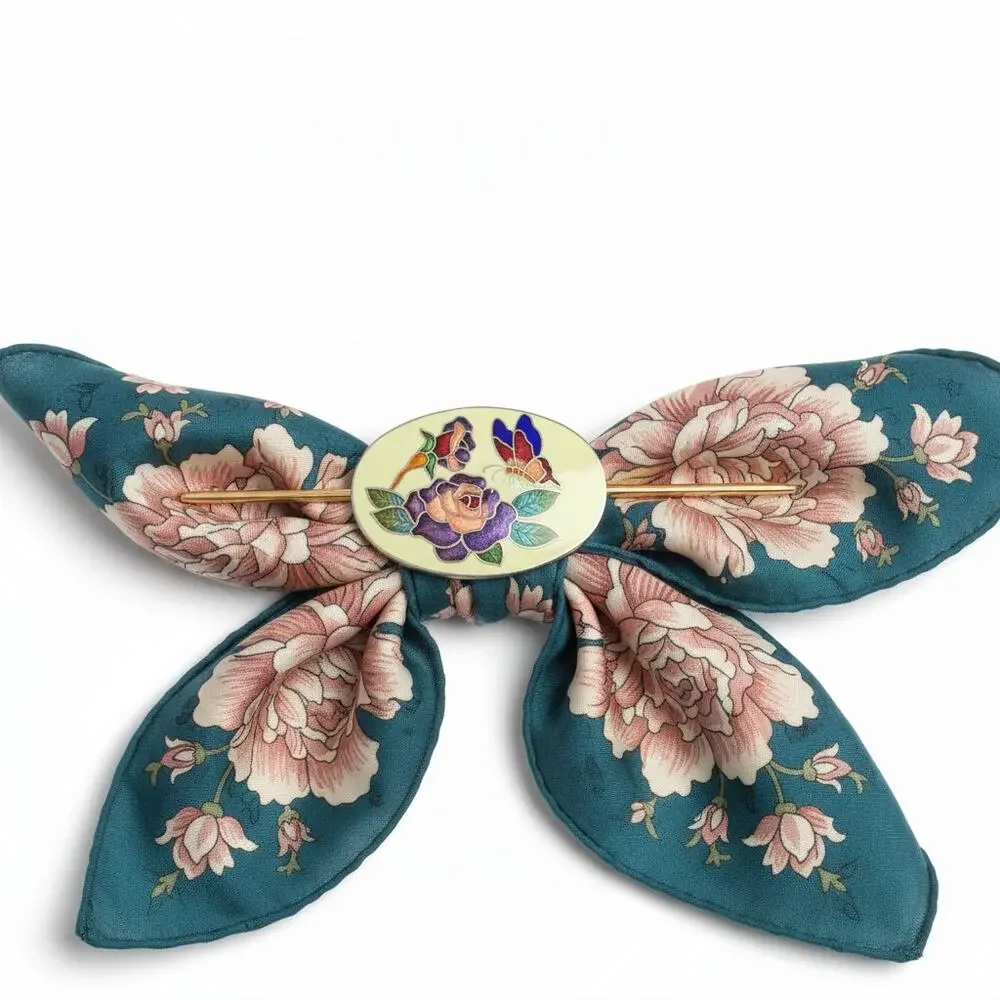Vintage Cloisonne Floral Butterfly Oval Scarf Clip/ Belt Buckle